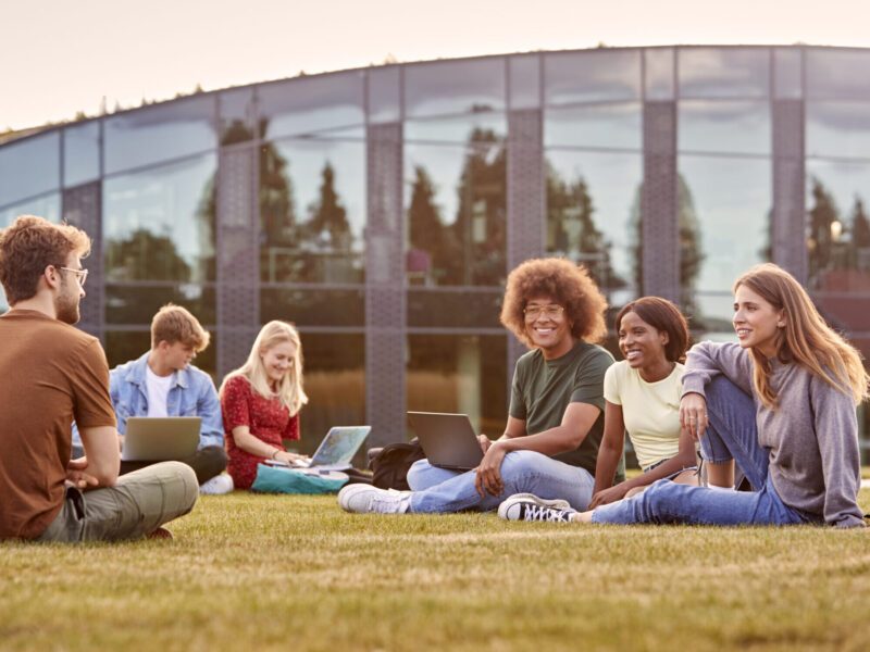 Group Of University Or College Students Sit On Grass Outdoors On Campus Talking And Working
